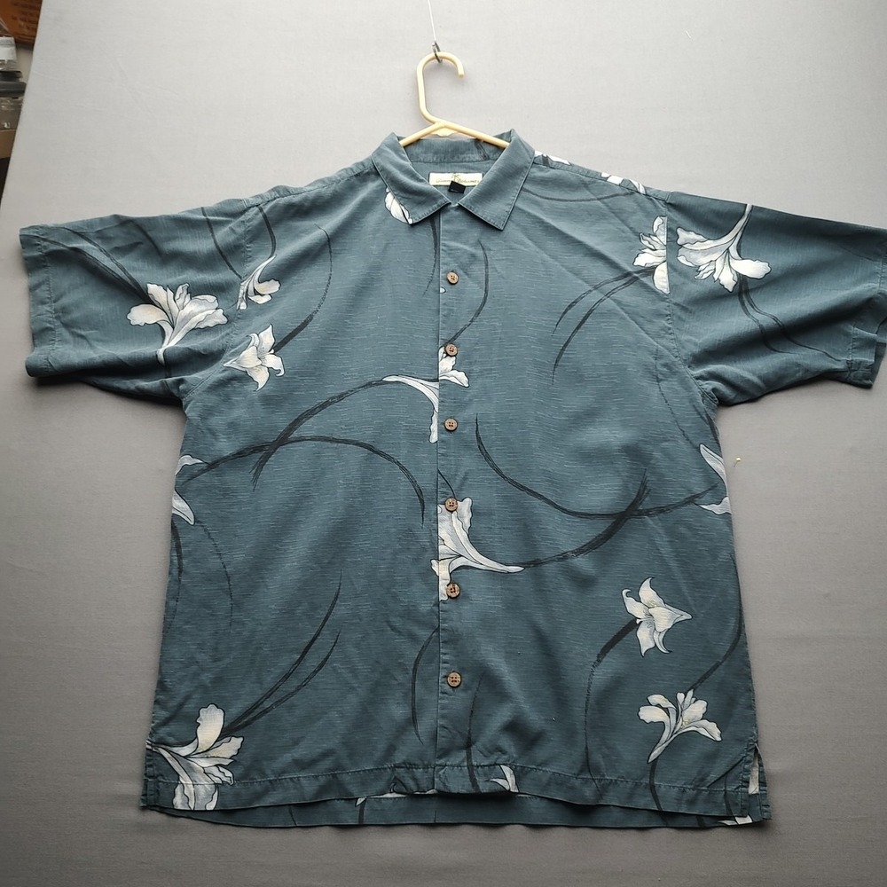 Tommy Bahama Men's Green Floral‎ Button Up Shirt Short Sleeve Large 100% Silk